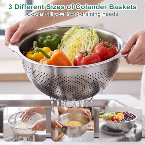Stainless Steel Colander Set with Self-Draining Base for Edge of Sink