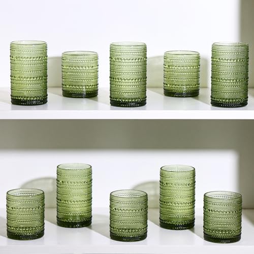 Moretoes Green Hobnail Drinking Glasses Set of 6 Glass Cups