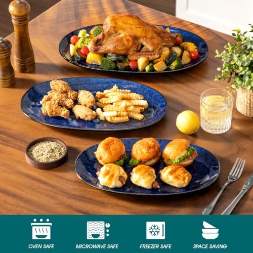 vancasso Ceramic Serving Platters Set of 3, Oval 16/14.7/13.5 Inch Stoneware Serving Dishes for Entertaining, Microwave Safe Serving Trays for Food, Turkey, Cheese, Party, Reactive Glaze Navy Blue