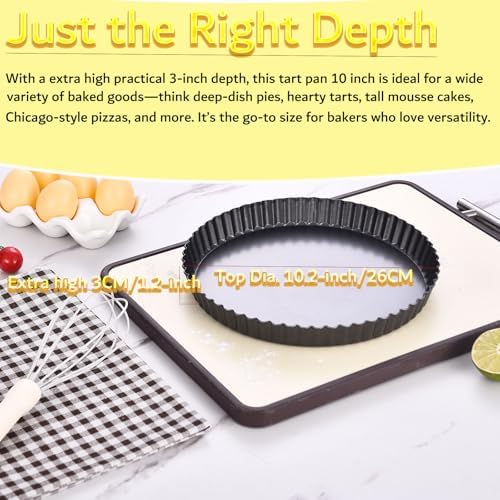 10 Inch Nonstick Tart Pan with Removable Bottom, Carbon Steel Quiche and Pie Pan- 1.1-Inch Depth, Fluted Edges for Baking Tarts, Quiches, Mousse Cakes, and Desserts