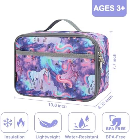 FlowFly Kids Lunch box Insulated Soft Bag Mini Cooler Back to School Thermal Meal Tote Kit for Girls, Boys, Unicorn#2