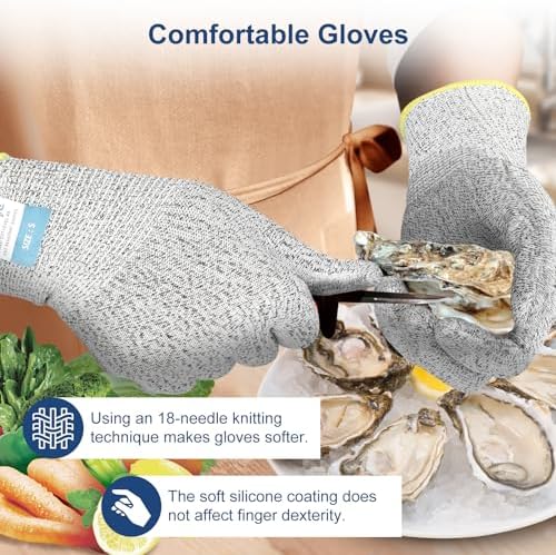 Dowellife Level 5 Cut Resistant Gloves with Silicone Coating, Food Grade Kitchen Knife Safety Gloves, Work Gloves for Chef, Mandoline Oyster Shucking Meat Cutting Wood Carving (Gray Large), Grey