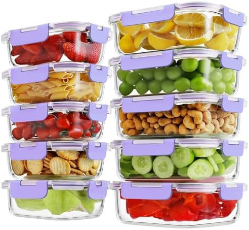HOMBERKING 10-Pack Glass Meal Prep Containers, 36 oz/14 oz, Locking Lid Set