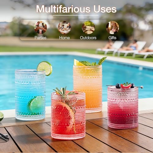 Drinking Water Glass Cups Set,Crystal Hobnail Glass set of 8,15oz&12oz