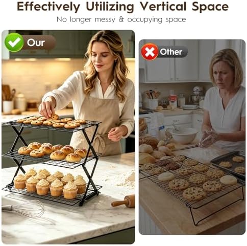 3-Tier Upgraded Stackable Cookie Cooling Rack-Collapsible Cooling Racks for Cooking And Baking Rack with Adjustable, Multifunctional Baking Cooling Rack for Cookies, Roasting, Countertop