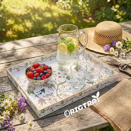 Serving Tray with Handles, Rectangular Plastic Tray 15.75x11.81 Inch, Floral Art with Peony, Hydrangea, Magnolia & Magpie Style Decorative Tray for Kitchen, Dining Table, Vanity, Office & Home