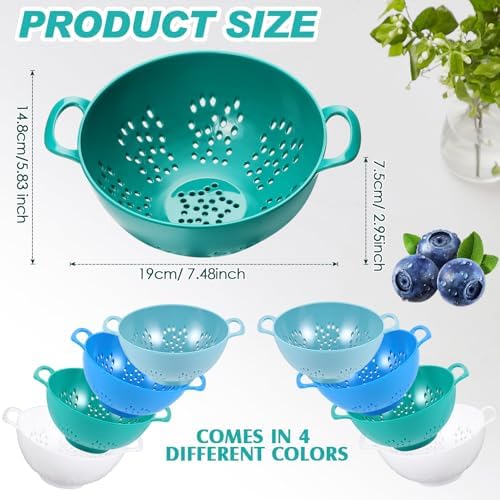 Baderke 4 Pack Mini Colander for Kitchen Plastic Berry Strainer with Double Handles 7.5 x 6 x 3 Inch Small Colander Strainer for Fruits Vegetables Food (Light Blue,Army Green,White,Blue)