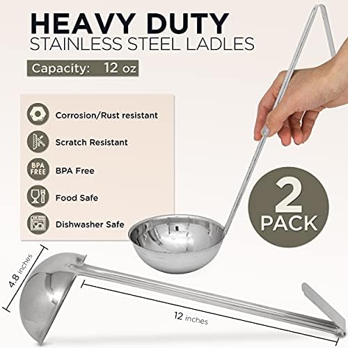 Fit Meal Prep Stainless Steel Soup Ladle - One-Piece Sauce Spatula with Hook Handles, Commercial Grade Serving Spoon, Kitchen Tool for Restaurant or Home Cooking, 14.75” Long - [Pack of 2] 12 Oz
