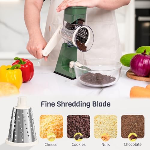 Upgraded Rotary Cheese Grater with 3 Interchangeable Stainless Steel Drums, One-Press Powerful Suction Manual Vegetable Shredder & Slicer for Kitchen, 15pcs Storage Bags Included, Olive Green