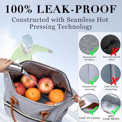 TuErCao Adult Lunch Box - Insulated Lunch Bag Women for Work, Soft Cooler for Beach Travel Picnic, Ladies Lunch Tote Bag for Office, Grey