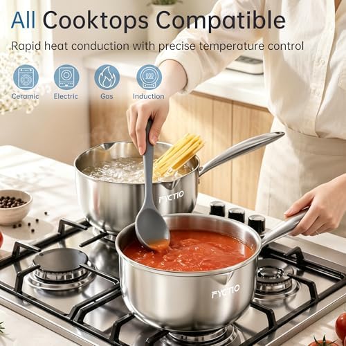 Tri-Ply Stainless Steel Sauce Pan, 2.5 Qt Saucepan with Strainer Lid