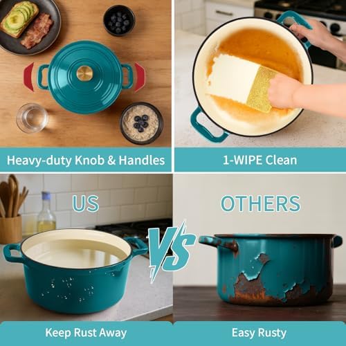 Enameled Cast Iron Dutch Oven with Lid&Silicone Grip, Round Casserole Pot for Bread Baking, Braising, Roasting,Stews,Heavy-Duty Baking Pan,Oven Safe, Induction Compatible (4.7QT,Lagoon)