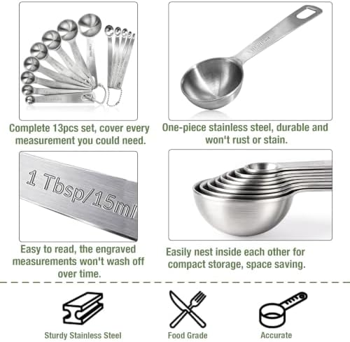13 Pcs Measuring Spoons Tablespoon Teaspoon, Heavy Duty Metal 430