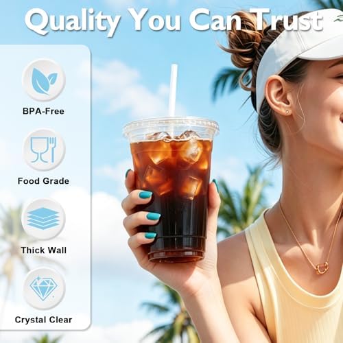 100 Pack 20 oz Disposable Clear Plastic Cups with Lids and Straws