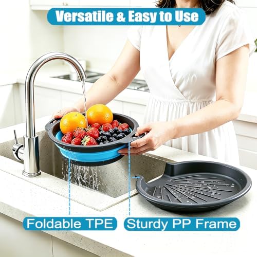 Collapsible Colanders Food Strainers, 3-Pack Foldable Kitchen Strainers with Over-Sink Water Draining Tray, Space Saving Kitchen Drainer for Vegetables, Fruit, Pasta and Rice (Blue-Gray)
