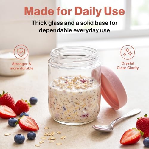 EDELHAUS Overnight Oats Containers with Lids - Glass Mason Jars, Meal Prep