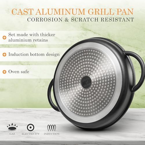 Moss & Stone 12" Grill Pan for Indoor Cooking, Nonstick Pan with Glass Lid