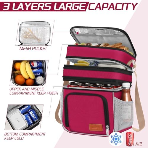 ZRSUN Insulated Lunch Bag for Women Men, Reusable 3 Layers Lunch Box Women, Expandable Reusable Water-resistant Lunch Box for Work Travel Office Picnic Hiking (Red)