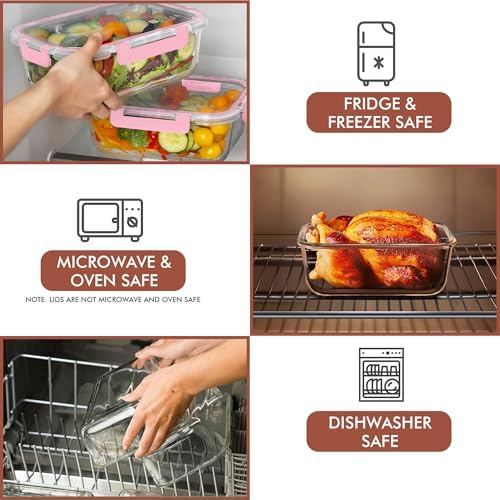 Razab 2 Pcs 1860ml / 63 Oz Large Glass Food Storage Containers with Lids - Glass Meal Prep Containers with Locking Lids for Roasting, Storing Leftover, Lunch Container, BPA Free, Microwave & Oven Safe