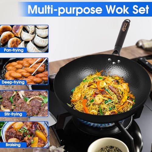 Souped Up Recipes 13.4 Inch Carbon Steel Wok For Electric, Induction and Gas Stoves (Lid, Spatula and User Guide Video Included)