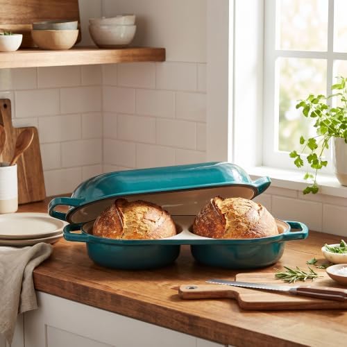 EDGING CASTING Enameled Cast Iron Double Bread Dutch Oven, Darkcyan