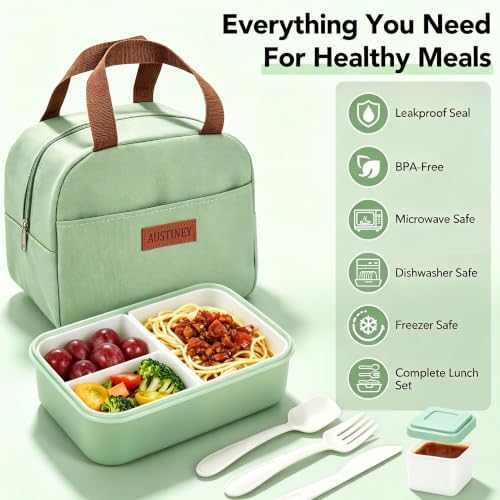 Bento Box 1100ml Lunch Container with Bag & Utensils & 2 Storage Bags Green