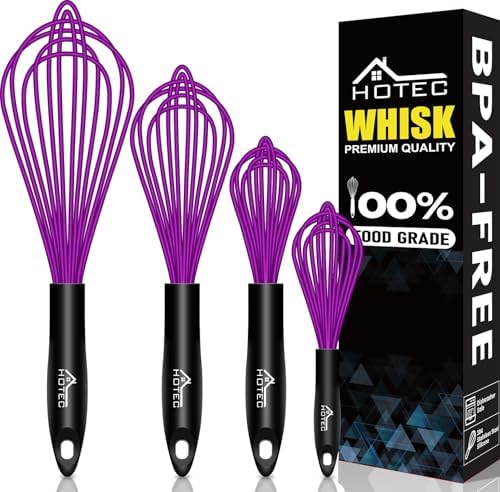 HOTEC 4 Pieces Silicone Whisks Set, Wire Balloon Whisks for cooking Egg Beater, Non-slip Handle Whisk for Non-stick Cookware Perfect for Cooking, Stirring, Beating and Blending,Purple