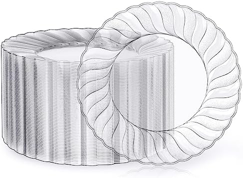 FOCUSLINE 100 Count Clear Plastic Plates, 9 Inch Disposable Dinner Plates