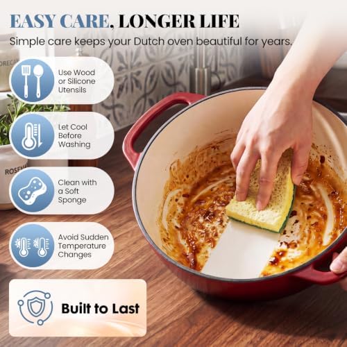 DUMOS Cast Iron Dutch Oven, 6 Quart Pot with Lid, Enameled Heavy Duty Cookware, Oven Safe to 500°F, Perfect for Bread Baking, Stews and Roasting, Moisture Sealing Lid with Dual Handles, Gradient Red