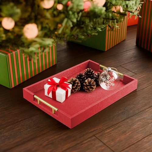 ATZYmolin 17"x12" Leather Serving Tray, Gold Handle Vanity Platter, Red