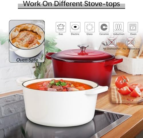 E-far 7QT Enameled Dutch Oven, Cast Iron Dutch Oven Pot with Lid for Cooking/Bread Baking/Braising/Roasting/Stewing, Heavy Duty Round Nonstick Cookware Safe for Induction & Oven - White