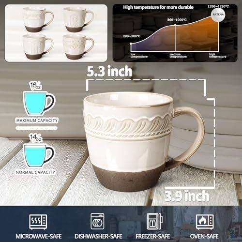 Artena Ceramic Coffee Mugs Set of 4, 16oz Embossed Large Latte Mugs Coffee Cups with Handle for Tea, Latte, Cappuccino & Cocoa, Milk Dishwasher & Microwave Safe, White (Willow Leaf)