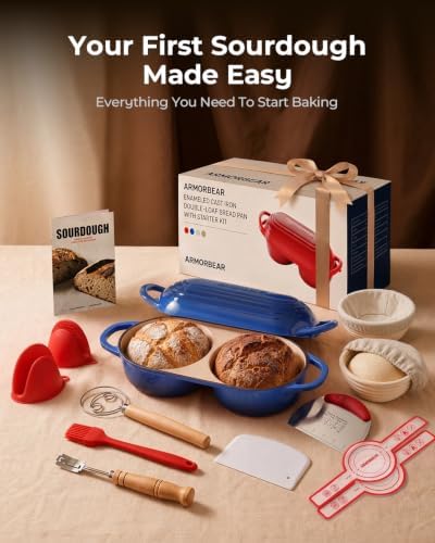Sourdough Bread Baking Kit with Double Loaf Cast Iron Bread Pan, Blue
