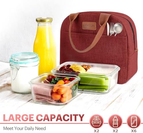 Lunch Bag for Women & Men Adult Insulated Lunch Box, Small Leakproof Cooler Food Lunch Containers Reusable High Capacity Lunch Tote Bags for Work, Travel, Outdoor - Wine Red