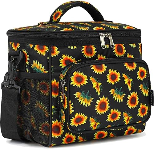 FlowFly Insulated Reusable Lunch Bag Adult Large Lunch Box for Women and Men with Adjustable Shoulder Strap,Front Zipper Pocket and Dual Large Mesh Side Pockets,Sunflower