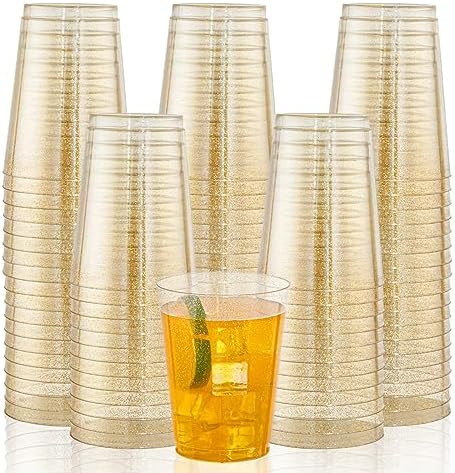 I00000 200 Pcs Gold Plastic Cups, 10 oz Hard Gold Glitter Disposable Cups