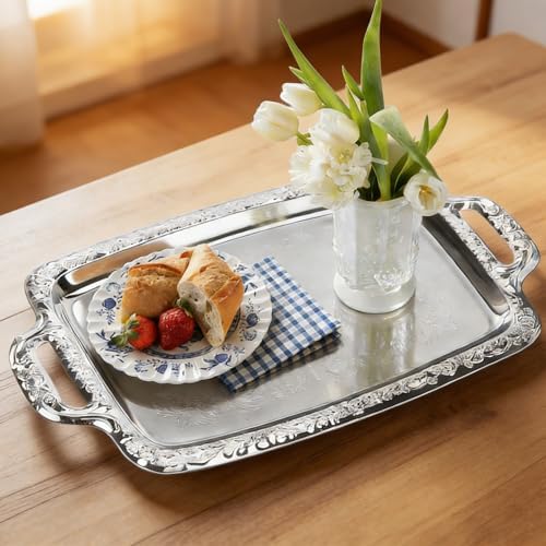 4-Pack Large Rectangle Silver Serving Trays, 15.4" x 9.3" Stainless Steel Mirror Finish Platters for Party, Wedding, Buffet, Dessert, Appetizer and Catering Display