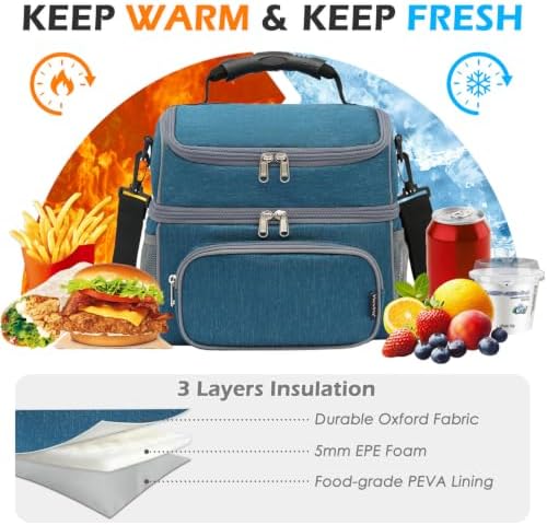 FlowFly Double Layer Cooler Insulated Lunch Bag Adult Lunch Box Large Tote Bag for Men, Women, With Adjustable Strap,Front Pocket and Dual Large Mesh Side Pockets