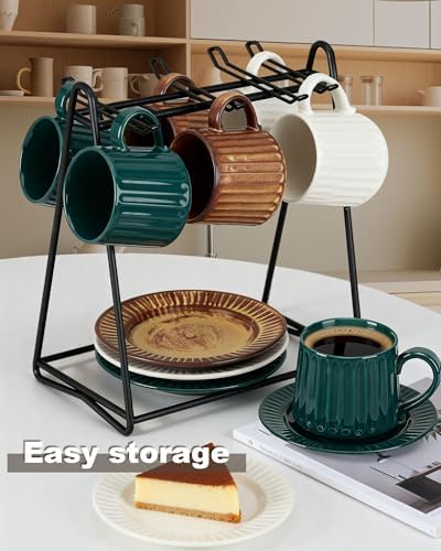 Ceramic Cup and Saucer Set,11.5 oz Coffee Cups with Saucers Modern Porcelain Espresso & Tea Cup Set,Dishwasher & Microwave Safe,for Home & Entertaining