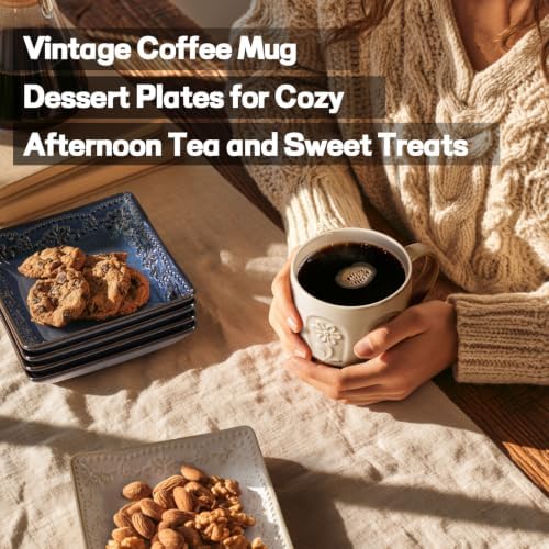Artena Ceramic Coffee Mugs Set of 4, 16oz Embossed Large Latte Mugs Coffee Cups with Handle for Tea, Latte, Cappuccino & Cocoa, Milk Dishwasher & Microwave Safe, White (Pinwheel Flower)