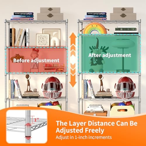 BestOffice | 5-Tier Wire Storage Shelves with Wheels | 14 x 30 x 61 | Chrome | with Adjustable Racks | Heavy-Duty Metal Shelf, Holds Upto 1250 lbs | No-Tool Assembly | Ideal for Home & Garage Shelving