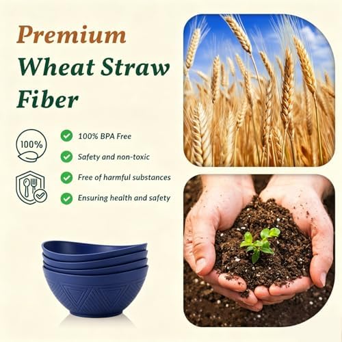 Homienly Wheat Straw Bowls, 9.6 inch Salad Bowls, Large Serving Dishes for Wedding Parties, Camping, 60 OZ Bowl Set for Salad, Popcorn, Oval Shape, Microwave & Dishwasher Safe, Set of 4, Dark Blue