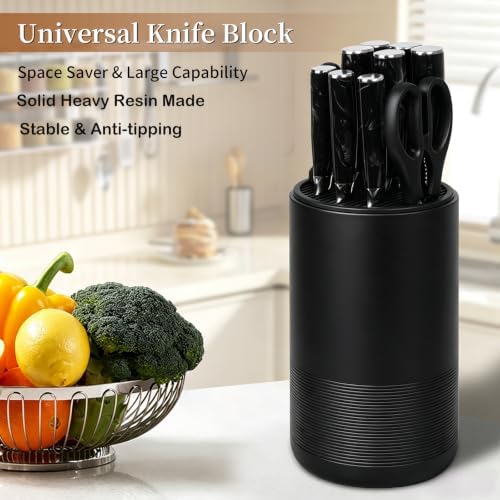 Universal Knife Block Without Knives,Sandstone Look,Round Knife Holder with Slots for Scissors & Sharpening Rod,Safe Space Saver Knife Storage Stand,Detachable Knife Organizer- Matte Balck