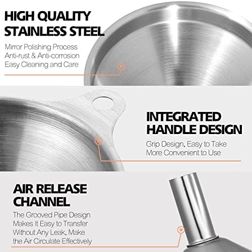 Anaeat Stainless Steel Mini Kitchen Funnel Set, 3 Pack Durable Metal Filling Funnels for Transferring Liquid, Dry ingredients, Cosmetic Lotion, Fluid, Spices, Powder - Food-Grade & High Heat Resistant