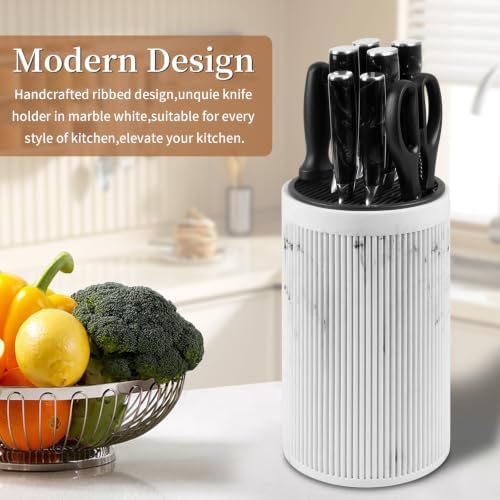Universal Knife Block Without Knives,Sandstone Look,Round Knife Holder with Slots for Scissors & Sharpening Rod,Safe Space Saver Knives Storage Stand,Detachable Knife Organizer- Marble White