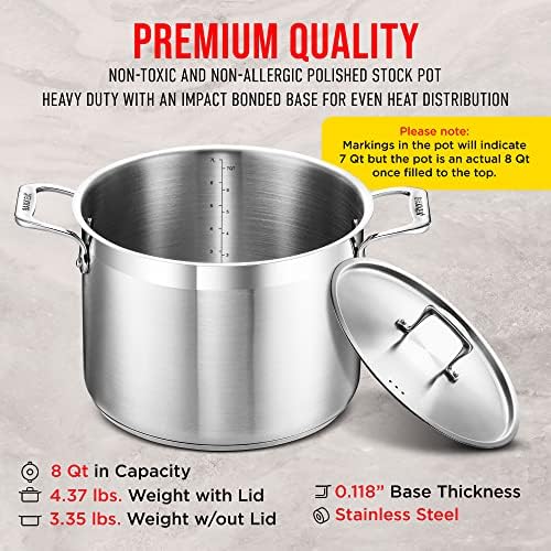 Stainless Steel Stockpot with Lid 8 Quart, Durable 18/8 Stainless Steel, Impact-Bonded Base for Even Heating, Riveted Handles, Oven & All Stove Compatible, Safe Up To 500°F (260°C)