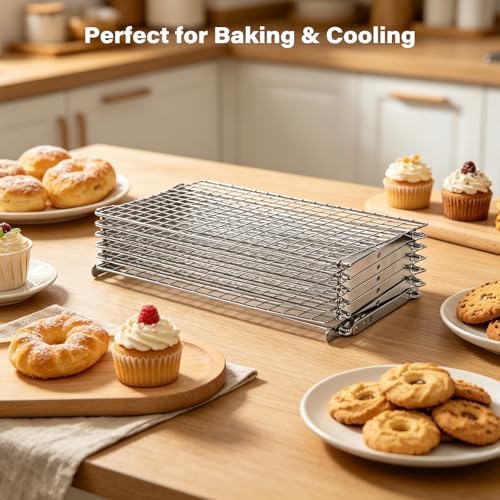 6 Tier Upgraded Collapsible Cooling Rack with Adjustable 3 Setting Design, Stackable Baking Rack with Clean Brush, Roasting Cooking Drying Wire Cooling Rack for Cookies Baking Roasting ＆ Grilling