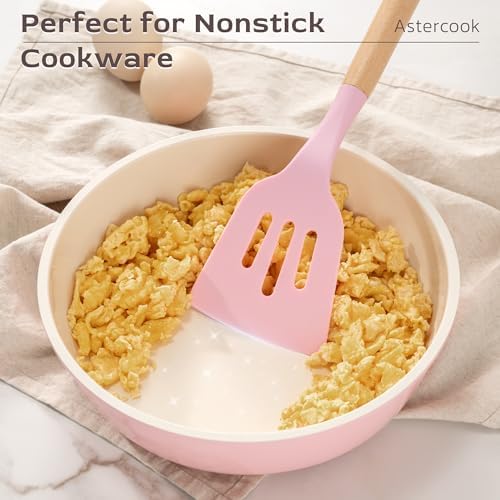 Astercook Kitchen Utensils set, 39 PCS Silicone Cooking Utensils Set with Wooden Handle, 446°F Heat Resistant Food Grade Utensil Sets, BPA Free Kitchen Gadgets Tools Set for Nonstick Cookware (Pink)
