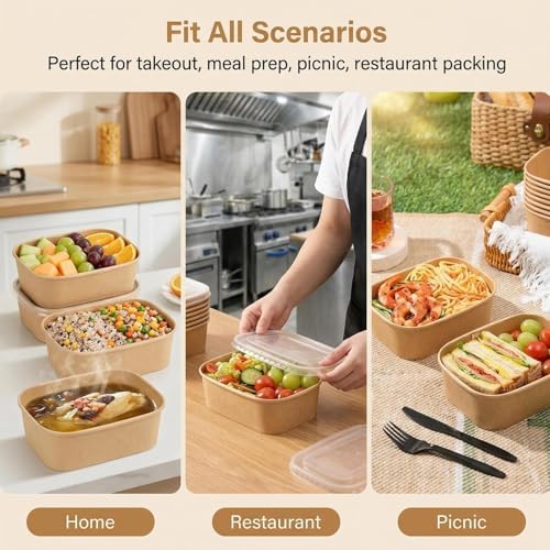 50 Pack Disposable Meal Prep Containers, 25oz Disposable Large Paper Bowls with Lids and Forks for Salad, Noodles, Freezer and Microwavable Storage Use Cardboard Food Containers