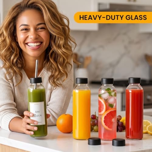 [UPGRADED LID] 8 Pack 18 oz Glass Juice Bottles with 8 Airtight Lids &2 Straw Hole Lids &2 Straws, Reusable Drinking Jar, Clear Water Bottles for Juicing, Smoothies, Refrigerator & Travel - BPA Free